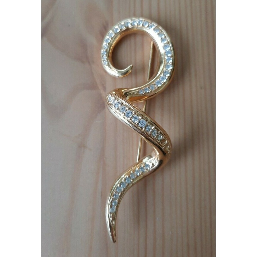 Vintage Jackie Orr Swirl Snake Gold Plated Rhinestones Modernist Brooch Signed